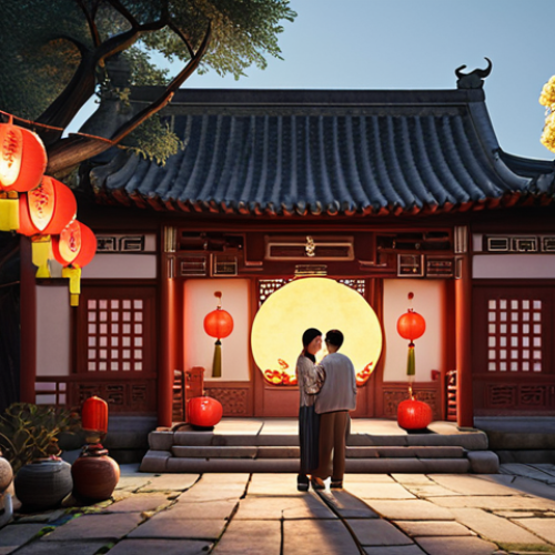 A serene, photorealistic scene of a Chinese family celebrating the Mid-Autumn Festival. They are gathered in a beautiful, traditional Chinese garden, bathed in the soft glow of a luminous full moon. Red lanterns hang gently from ancient trees, casting warm light. The family is enjoying delicate mooncakes and fragrant tea, their faces illuminated with contentment and unity. Focus on intricate details of traditional architecture and delicate floral patterns, capturing a peaceful and harmonious atmosphere.