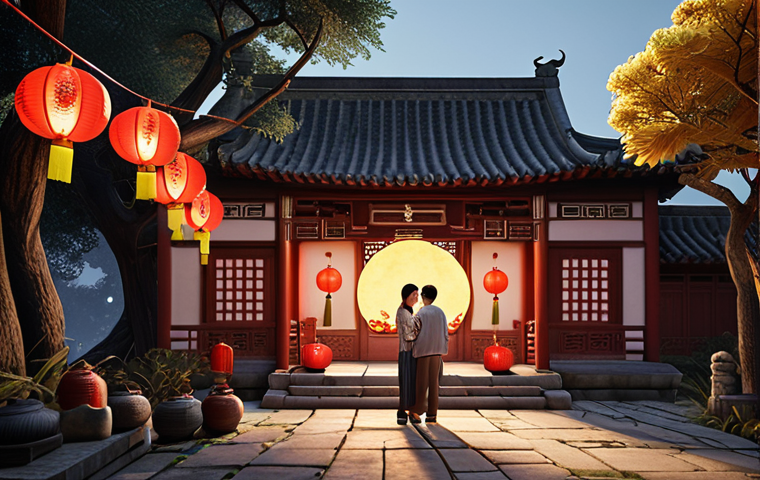 A serene, photorealistic scene of a Chinese family celebrating the Mid-Autumn Festival. They are gathered in a beautiful, traditional Chinese garden, bathed in the soft glow of a luminous full moon. Red lanterns hang gently from ancient trees, casting warm light. The family is enjoying delicate mooncakes and fragrant tea, their faces illuminated with contentment and unity. Focus on intricate details of traditional architecture and delicate floral patterns, capturing a peaceful and harmonious atmosphere.