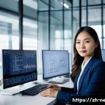 네트워크 자격증으로 경력을 확장한 성공 이야기 - A confident young Asian professional woman in modern business casual attire, sitting at a sleek offi...