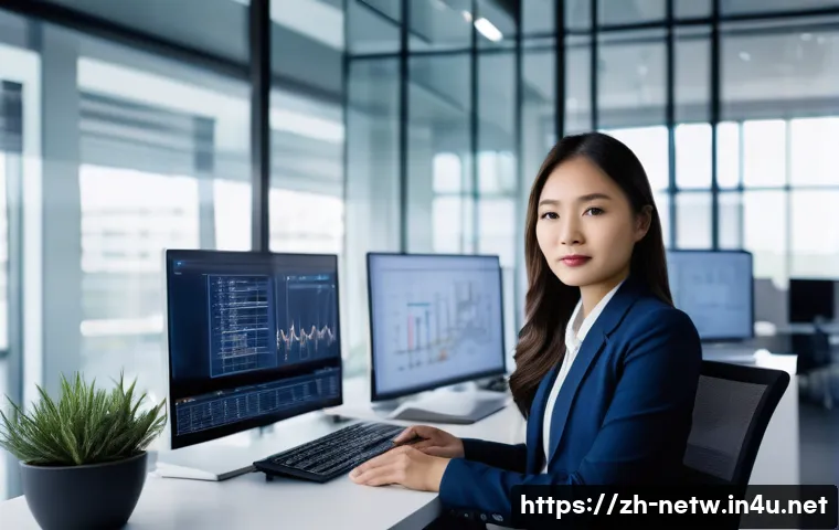 네트워크 자격증으로 경력을 확장한 성공 이야기 - A confident young Asian professional woman in modern business casual attire, sitting at a sleek offi...