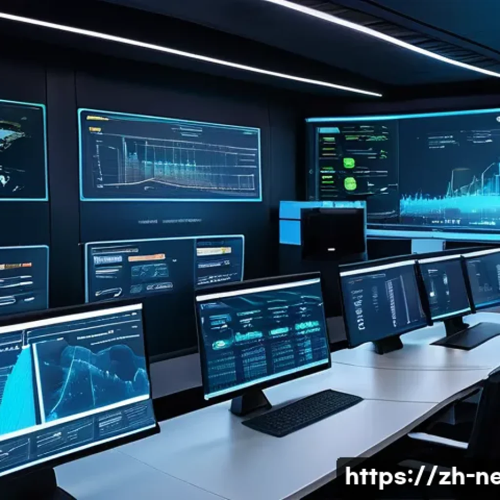 네트워크 실무에서 발생한 트래픽 제어 사례 - A futuristic enterprise network operations center showing a large digital dashboard with real-time t...