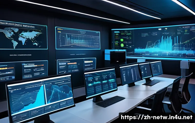 네트워크 실무에서 발생한 트래픽 제어 사례 - A futuristic enterprise network operations center showing a large digital dashboard with real-time t...