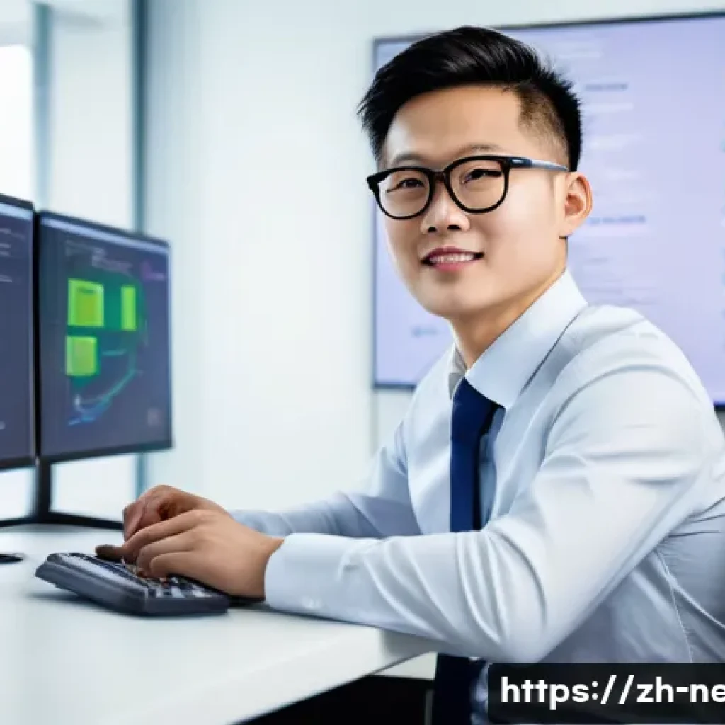네트워크 자격증과 경력 개발의 상호 보완성 - A modern office setting showing a confident young Chinese IT professional wearing business casual at...