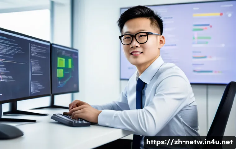 네트워크 자격증과 경력 개발의 상호 보완성 - A modern office setting showing a confident young Chinese IT professional wearing business casual at...