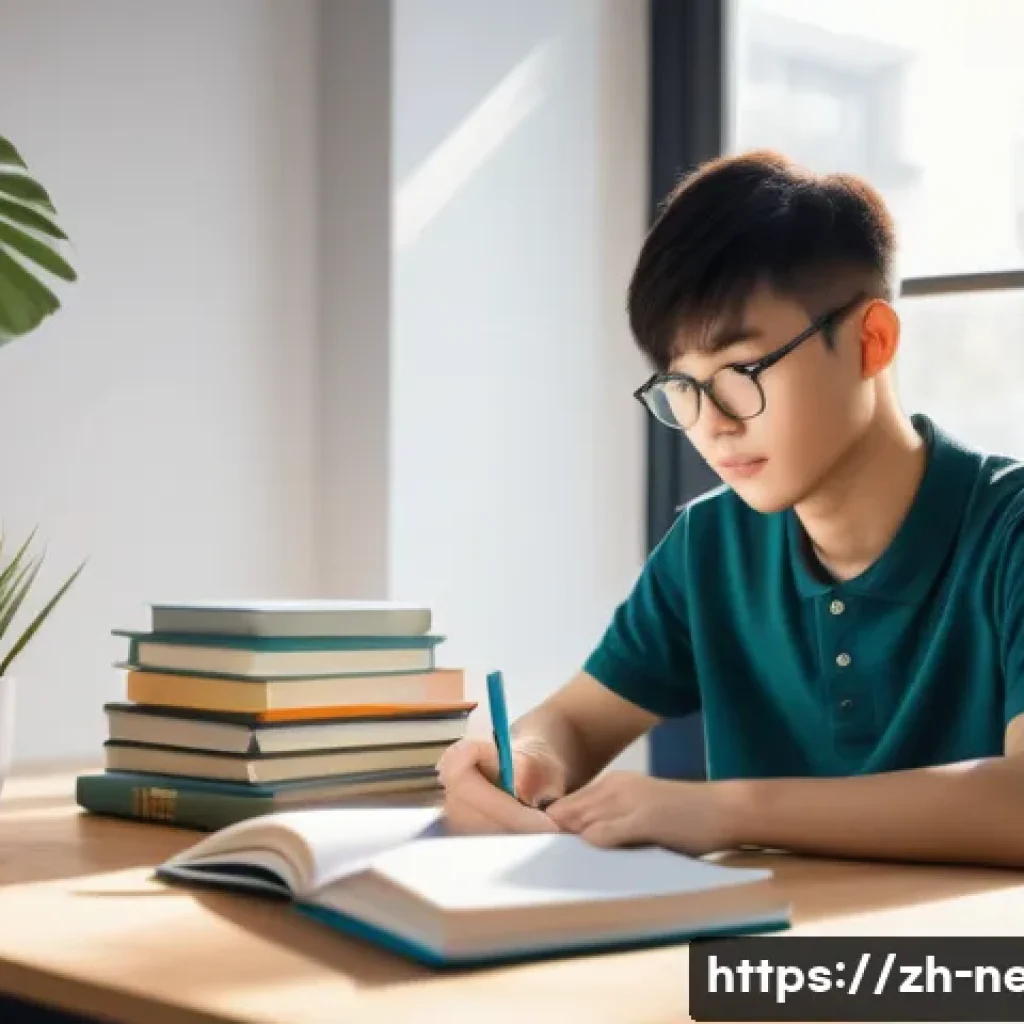 네트워크 필기 시험의 효율적인 학습 계획 - A modern study room scene featuring a young Chinese student sitting at a tidy desk with a laptop, no...