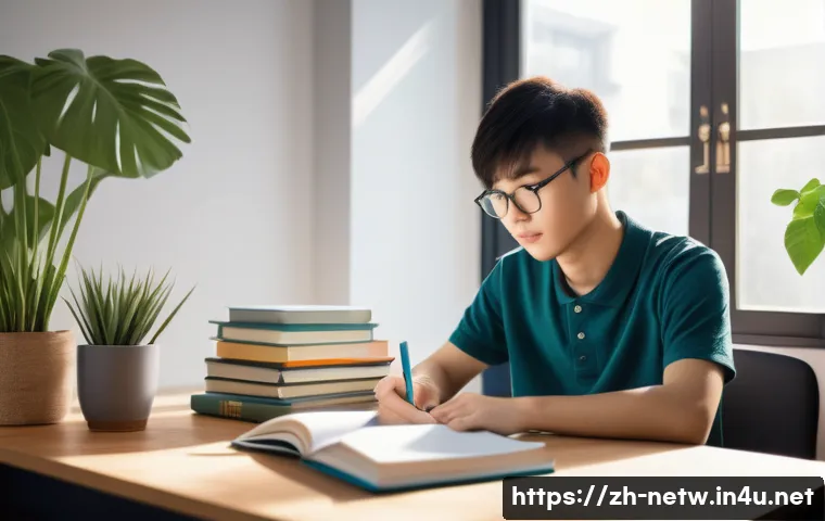 네트워크 필기 시험의 효율적인 학습 계획 - A modern study room scene featuring a young Chinese student sitting at a tidy desk with a laptop, no...