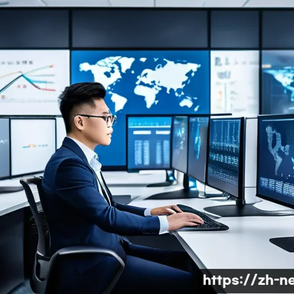 네트워크 자격증 취득이 중요한 이유와 전망 - A modern office setting with a young Chinese professional wearing smart casual attire, sitting at a ...