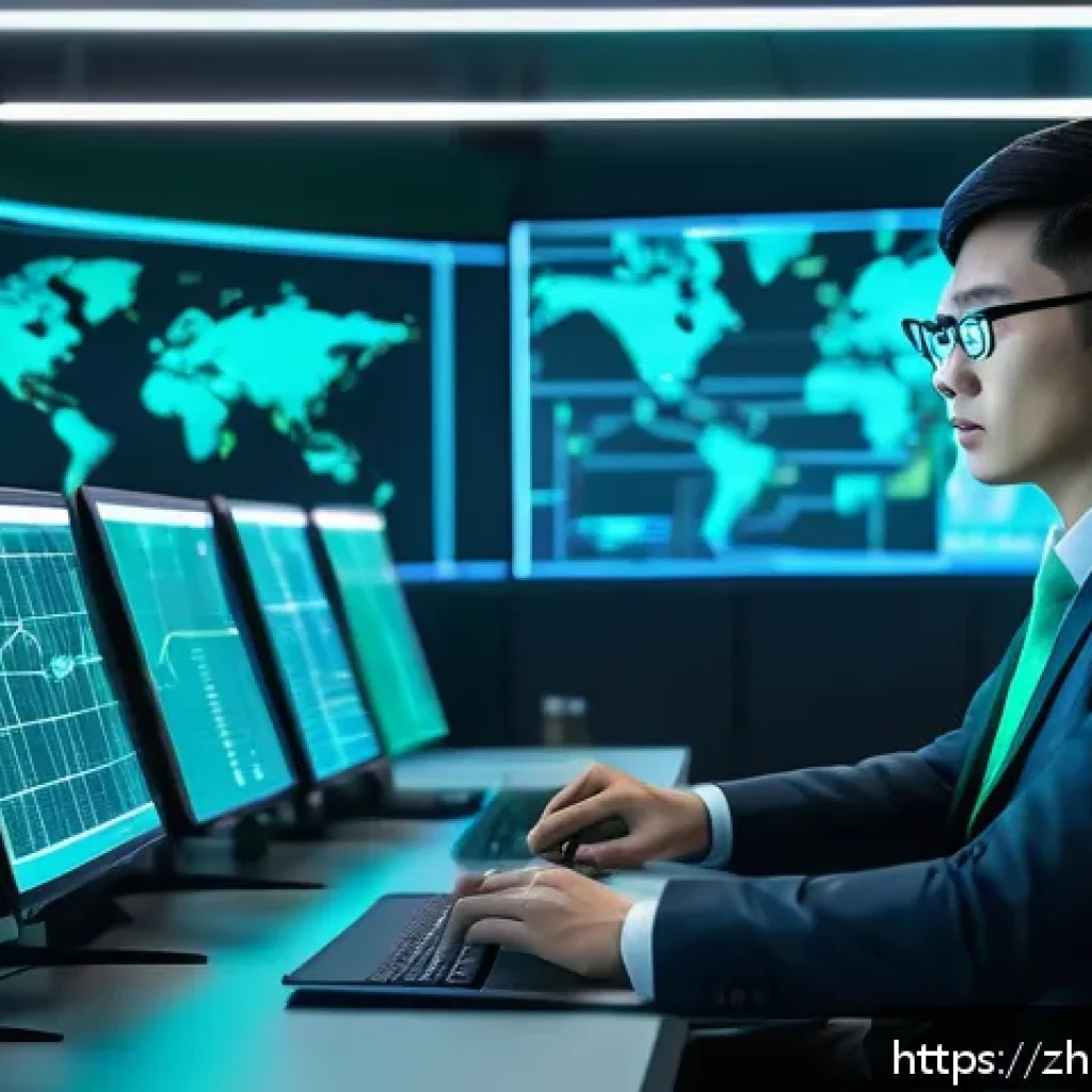 네트워크 실무와 연계된 데이터 트래픽 관리 기술 - A futuristic network operations center with large transparent digital screens displaying real-time t...