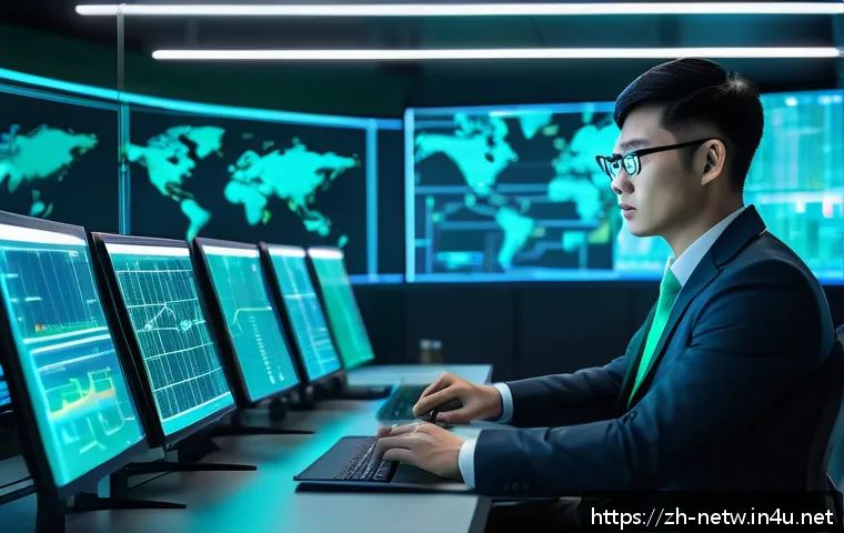 네트워크 실무와 연계된 데이터 트래픽 관리 기술 - A futuristic network operations center with large transparent digital screens displaying real-time t...