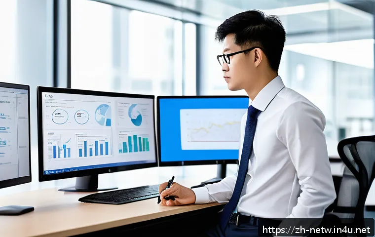 네트워크 자격증과 클라우드 기술의 연계성 - A modern office setting with a young Chinese professional focused on cloud computing certification s...