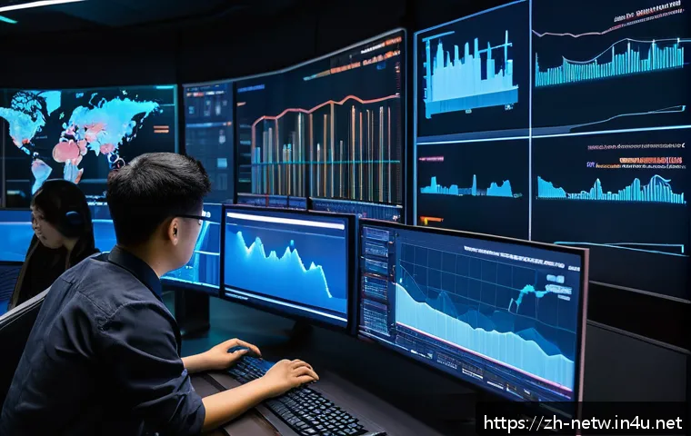 네트워크 실무와 오픈소스 도구 활용 사례 - A modern IT operations control room with multiple large screens displaying real-time Prometheus aler...