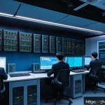 네트워크 실무에서 발생한 데이터 전송 문제 해결 사례 - A detailed illustration of a modern office network room showing aging network equipment like routers...