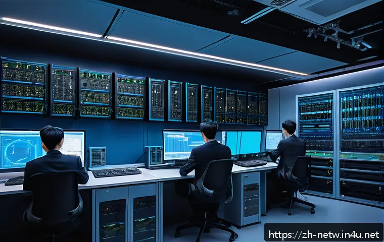 네트워크 실무에서 발생한 데이터 전송 문제 해결 사례 - A detailed illustration of a modern office network room showing aging network equipment like routers...