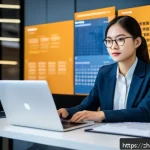 네트워크 자격증 취득 후 해외 취업 성공 후기 - A modern office scene featuring a confident young Asian professional woman sitting at a sleek desk w...