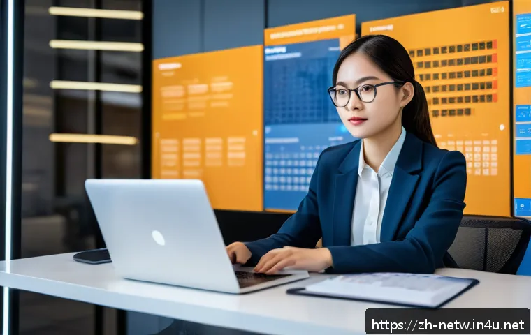네트워크 자격증 취득 후 해외 취업 성공 후기 - A modern office scene featuring a confident young Asian professional woman sitting at a sleek desk w...