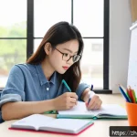 네트워크 필기 시험 준비를 위한 효율적인 팁 - A focused young adult studying at a modern desk with a laptop, notebooks, and colorful pens, using t...