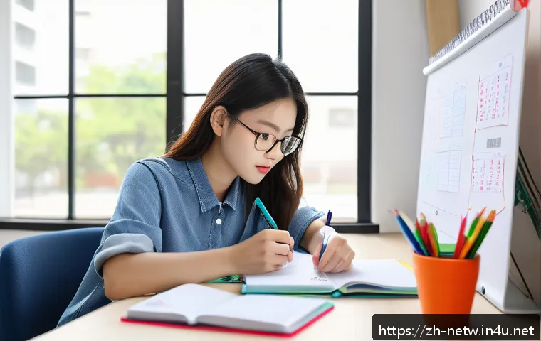 네트워크 필기 시험 준비를 위한 효율적인 팁 - A focused young adult studying at a modern desk with a laptop, notebooks, and colorful pens, using t...