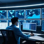 네트워크 실기 시험에서 자주 다뤄지는 사례 분석 - A highly detailed digital illustration of a cybersecurity expert in a modern office environment, ana...