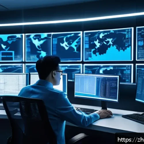네트워크 실기 시험에서 자주 다뤄지는 사례 분석 - A highly detailed digital illustration of a cybersecurity expert in a modern office environment, ana...