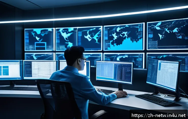 네트워크 실기 시험에서 자주 다뤄지는 사례 분석 - A highly detailed digital illustration of a cybersecurity expert in a modern office environment, ana...