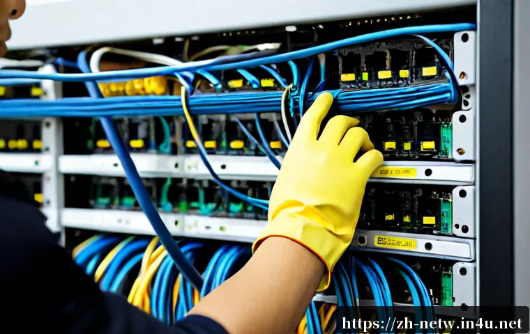 네트워크 실기 시험에서 강조된 스위치 설정 기법 - Photorealistic close-up of a network technician configuring a rack-mounted Ethernet switch during a ...
